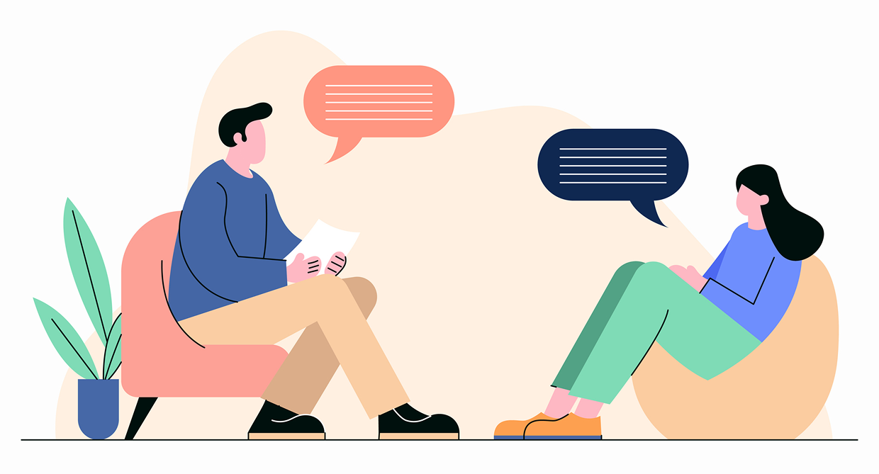 Counseling session with speech bubbles